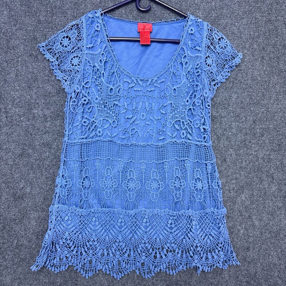 V Christina Womens Crochet Lace Top Blue Sz XL Lined Prairie Boho Hippie